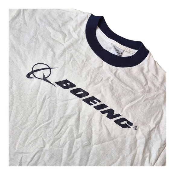 Boeing Ringer T Shirt Mens L White Blue Aerospace Aviation Aircraft Pilot Tee